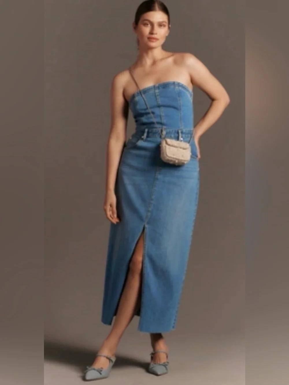 Anthropologie Denim Strapless Madi dress by Pilcro with Front Slit - Blue